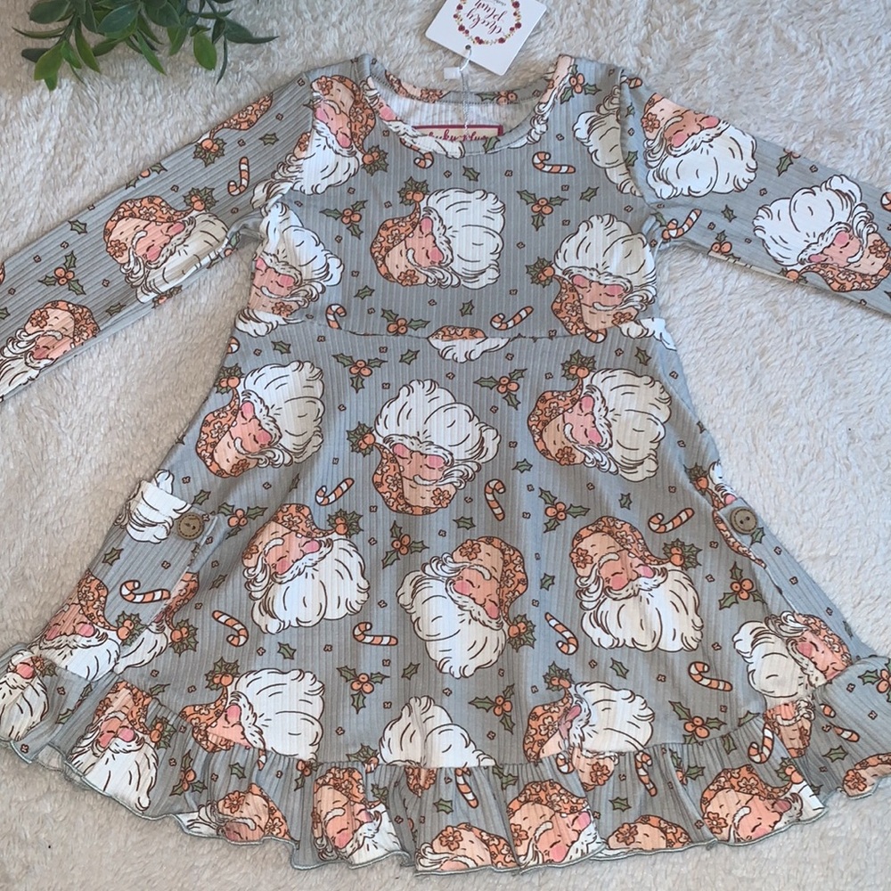 NWT Cheeky Plum Elara Knit Ribbed Dress 18-24M Gray Santa’s Magical Wonderland